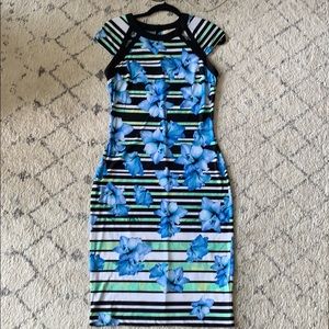 ECI Stretch Jersey Striped B&W Midi w/Blue Flowers